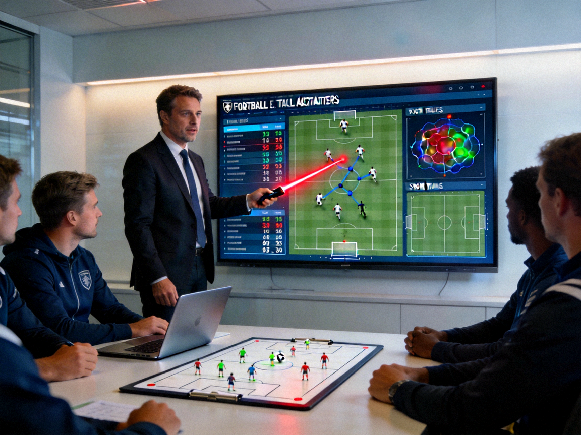 足球数据分析师正在大屏幕前讲解战术数据的场景